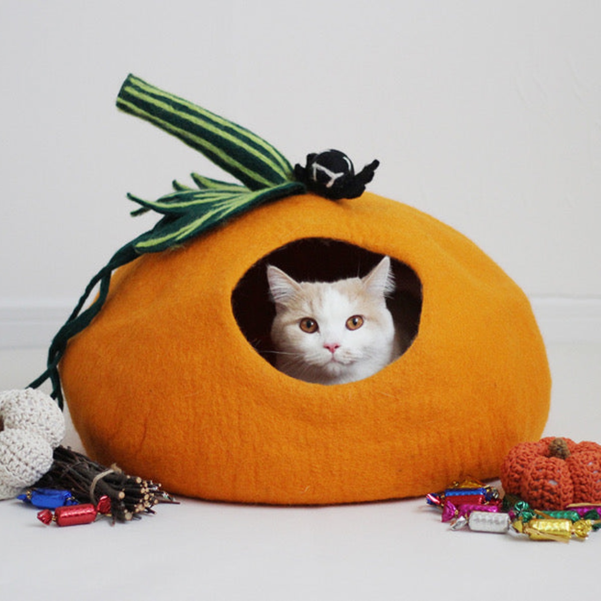 Cat sitting inside an orange pumpkin felt cat cave