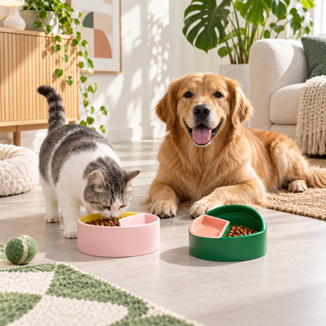 VETRESKA Like A Watermelon / Grapefruit Ceramic Bowl For Cats & Dogs | shared lifestyle scene | Watermelon + Grapefruit | FULL_FRAME_OUTPAINT