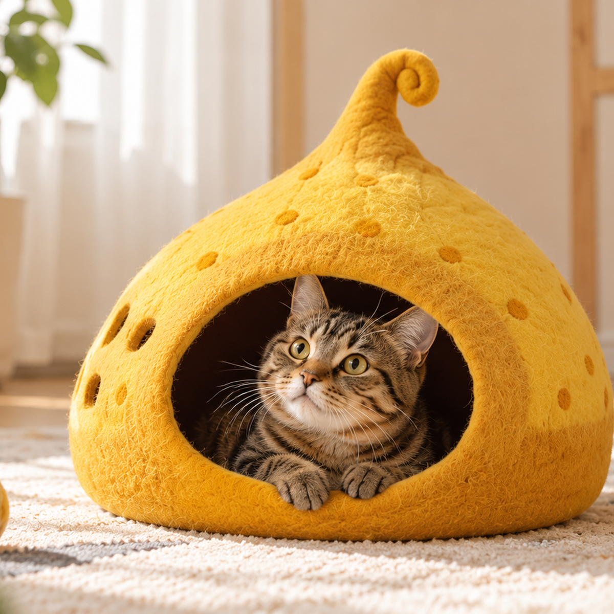 Cat resting inside a sunset yellow felt cat cave