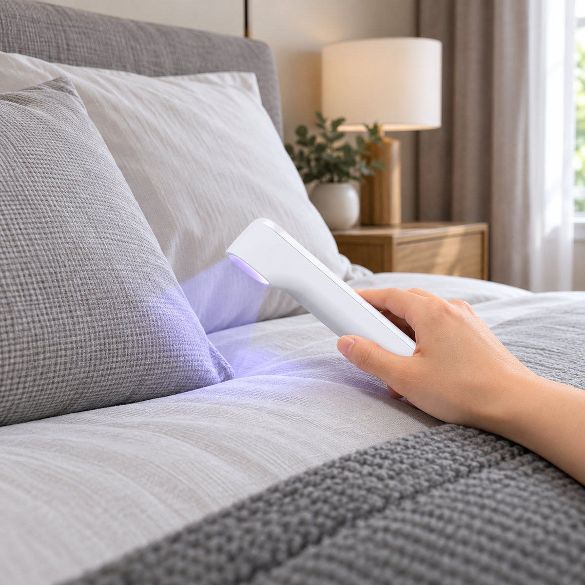 Handheld UV-C sterilizer used on a bed seam in a bedroom