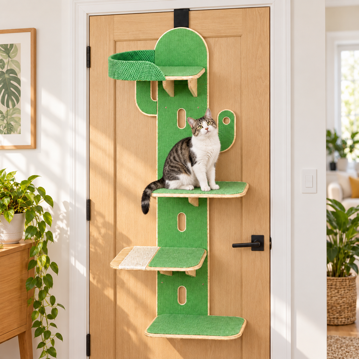 Scene | Destiny Pet Hanging Cactus Cat Tree | square over-door lifestyle image | product SKU shown hanging on a closed door
