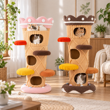 Scene v2 | ZEZE Ice Cream Cat Tree Tower | square multi-variant lifestyle image | Pink and Brown | SKU-locked upright product structure