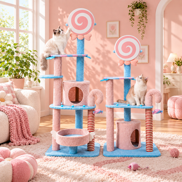Scene | ZEZE Pink Lollipop Cat Tree | square multi-variant lifestyle image | A and B shown together