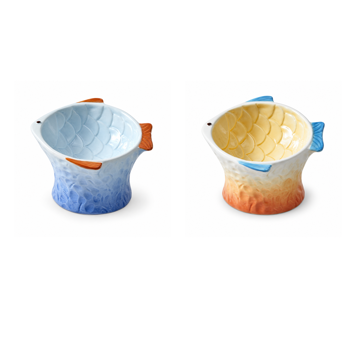 Raised Tilted Ceramic Cat Bowl - Cute Elevated Slanted Shallow Angled Cat Dish - Personalized Pet Feeder for Food Feeding - Ergonomic Anti Vomiting Whisker Fatigue - Size for Cat and Small Dog | clean white SKU packshot | 2 bowls | VARIANT_MEDIA_CORRECTION