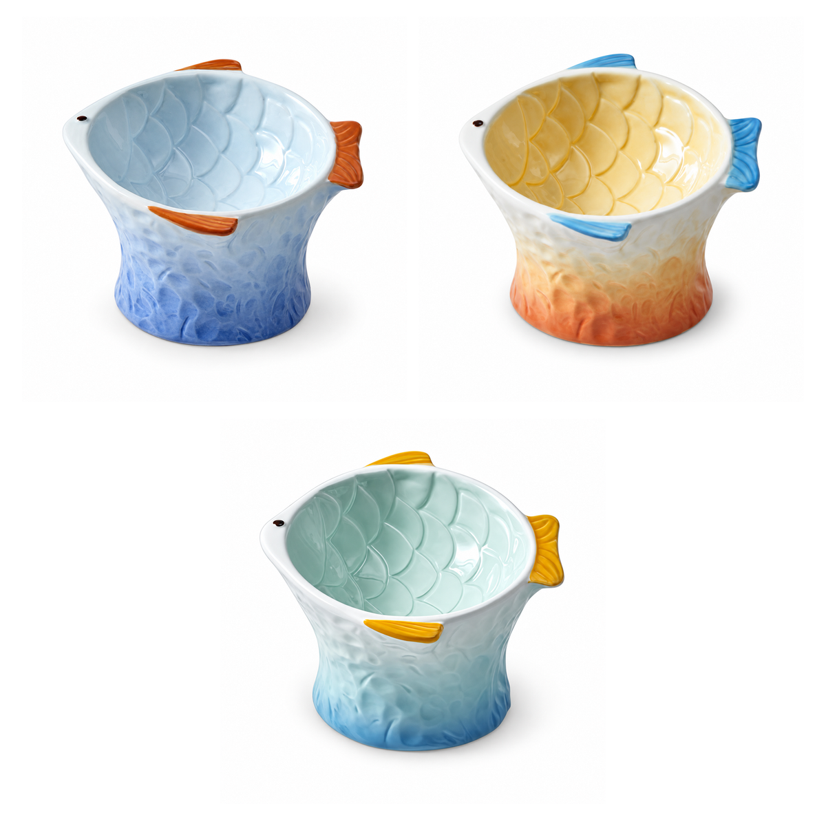 Raised Tilted Ceramic Cat Bowl - Cute Elevated Slanted Shallow Angled Cat Dish - Personalized Pet Feeder for Food Feeding - Ergonomic Anti Vomiting Whisker Fatigue - Size for Cat and Small Dog | clean white SKU packshot | 3 bowls | VARIANT_MEDIA_CORRECTION