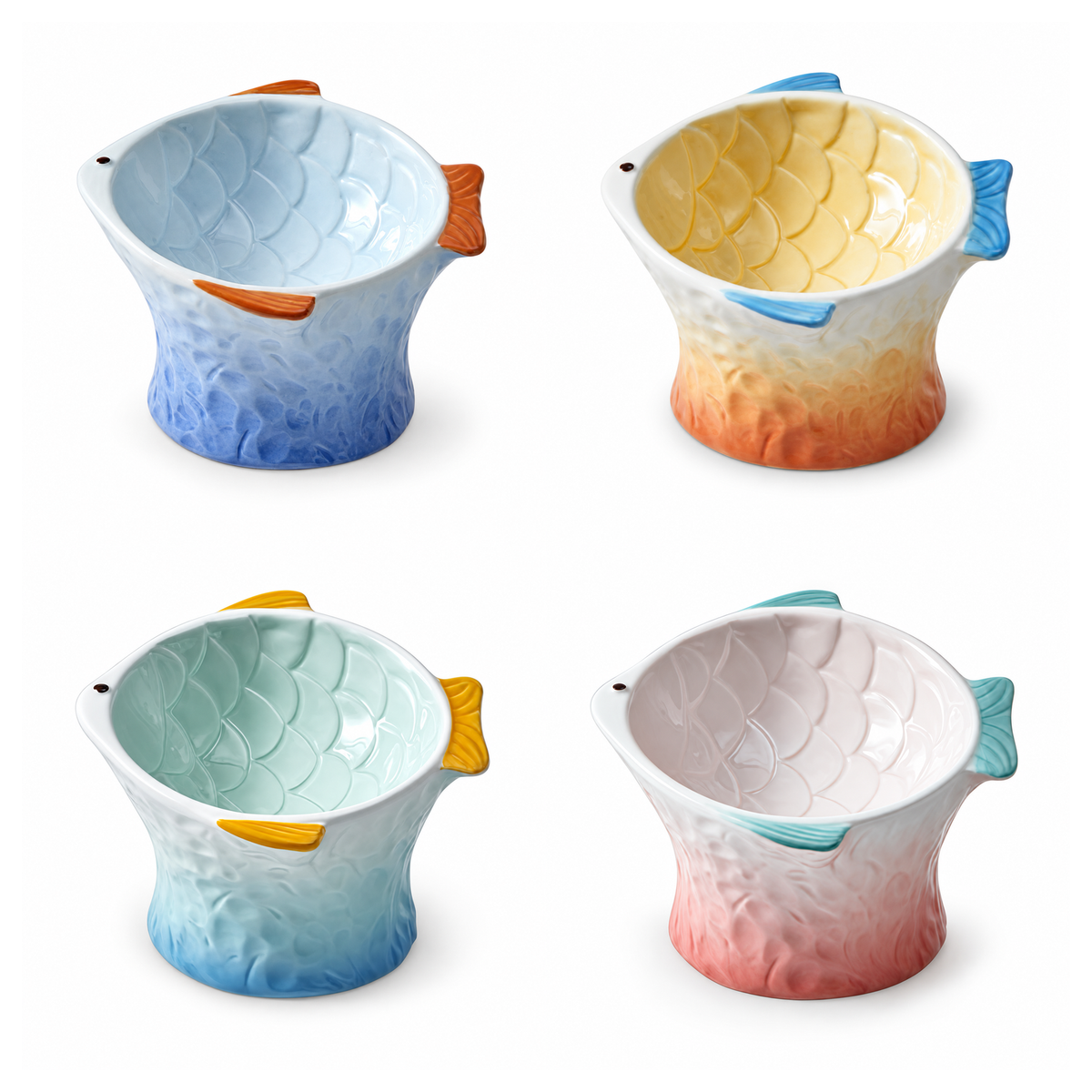 Raised Tilted Ceramic Cat Bowl - Cute Elevated Slanted Shallow Angled Cat Dish - Personalized Pet Feeder for Food Feeding - Ergonomic Anti Vomiting Whisker Fatigue - Size for Cat and Small Dog | clean white SKU packshot | 4 bowls | VARIANT_MEDIA_CORRECTION