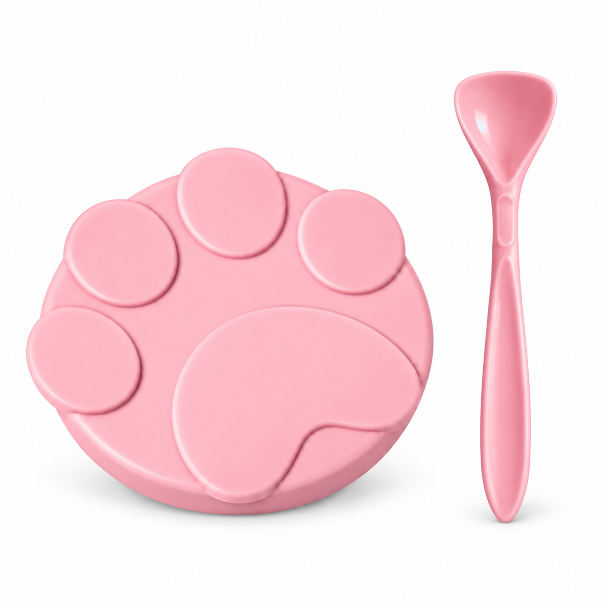 Cinnamon Pink soft silicone cat food can lid with matching spoon on a clean white background [SKU: Cinnamon Pink Lid + Spoon]