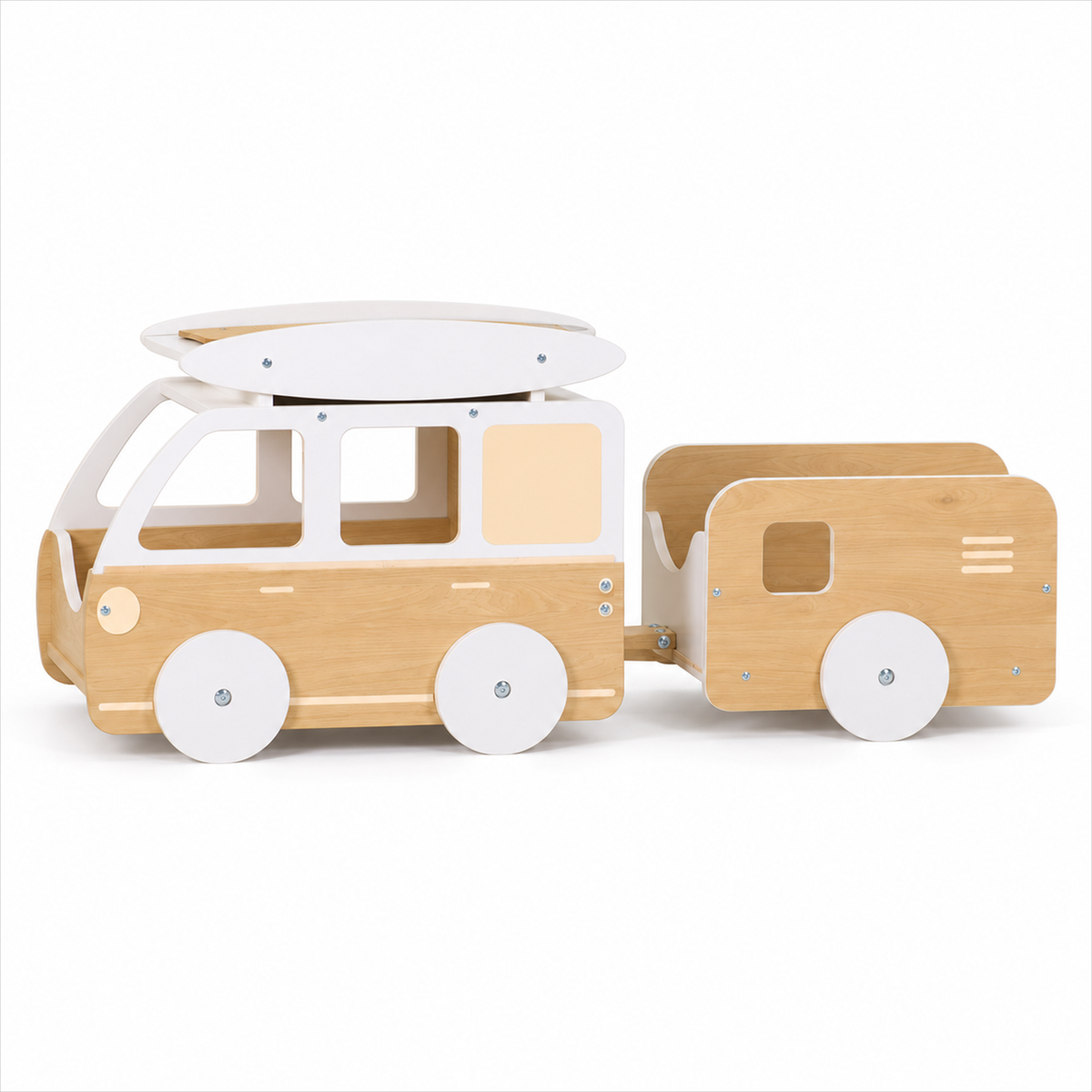 Wooden cat train bed locomotive with one carriage on white background