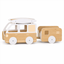 Wooden cat train bed locomotive with one carriage on white background
