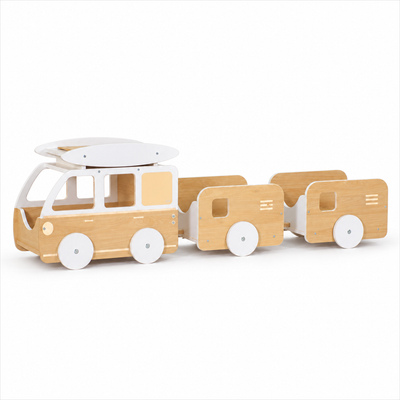 Complete wooden cat train bed with locomotive and two carriages on white background