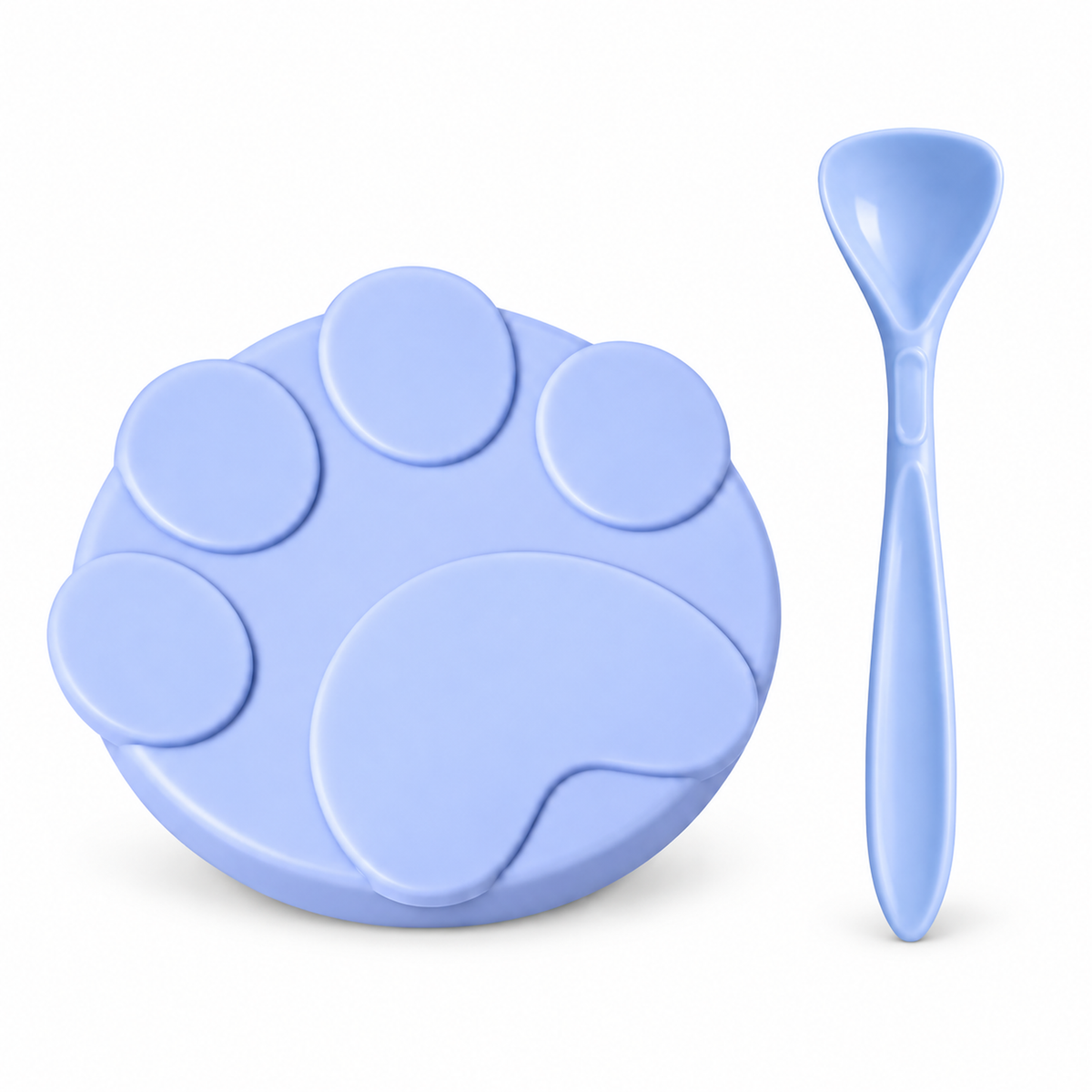 Sky Blue soft silicone cat food can lid with matching spoon on a clean white background [SKU: Sky Blue Lid + Spoon]