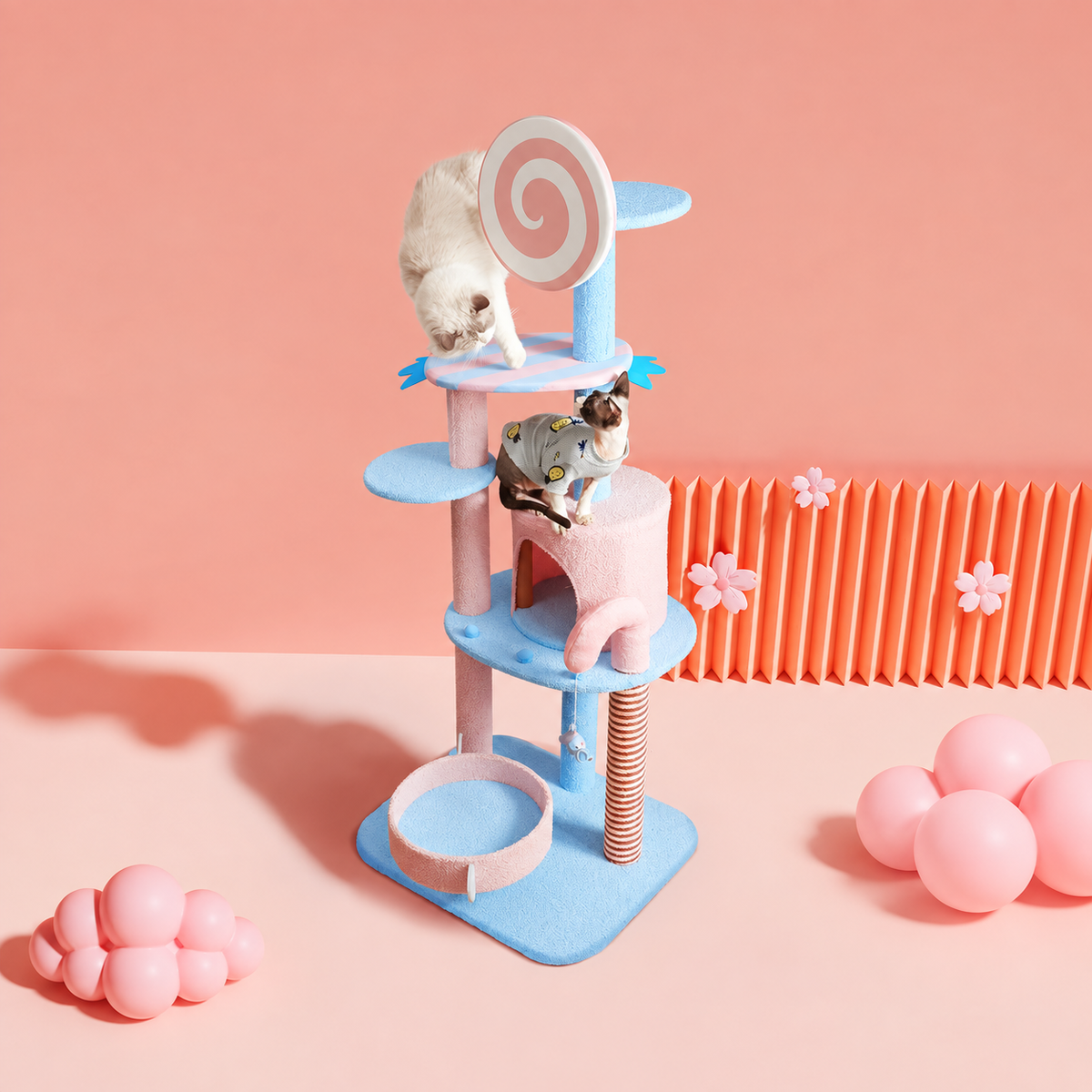 Corrected v3 | ZEZE Pink Lollipop Cat Tree | source image 01 | OUTPAINT | content complete