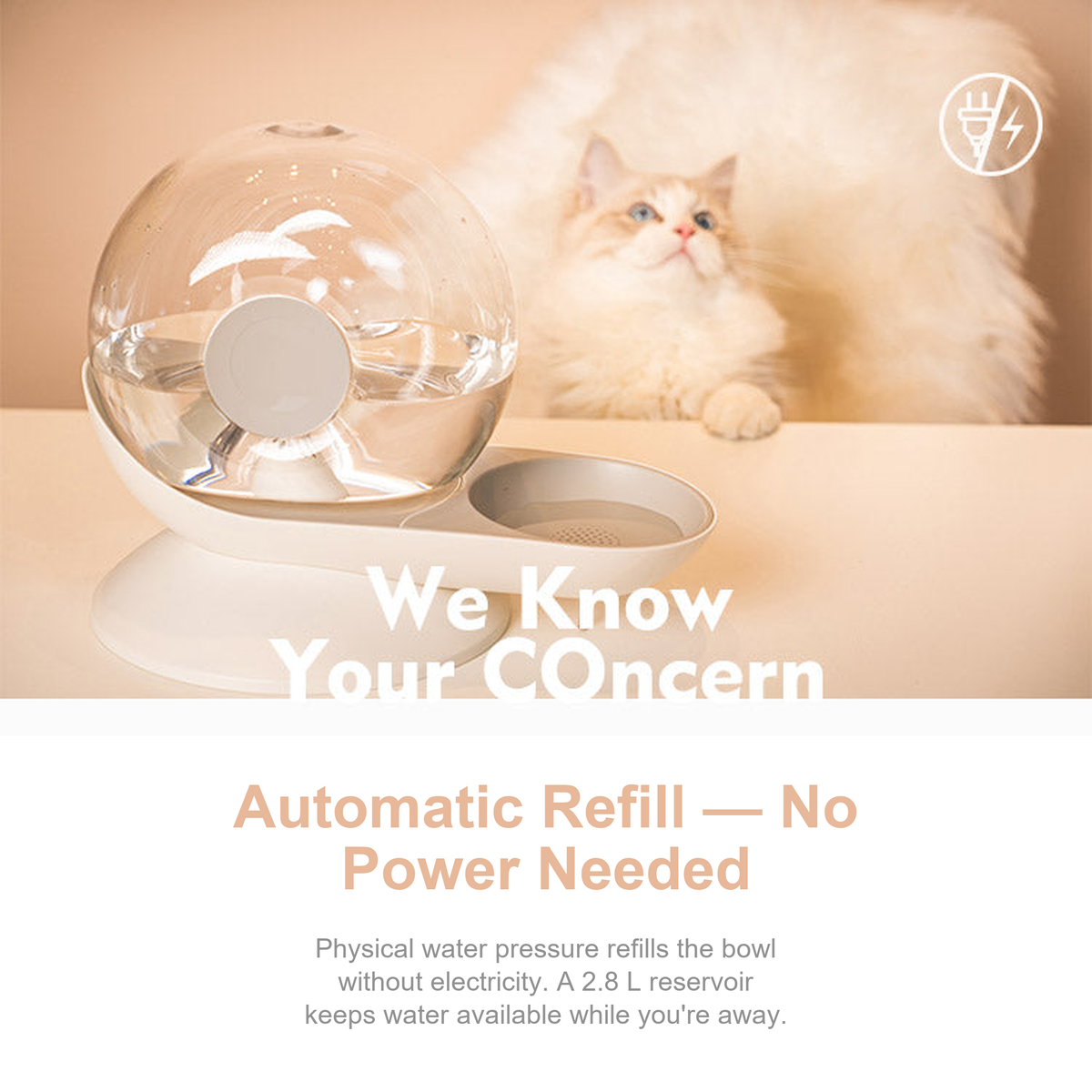 Power-free automatic refill pet water fountain for cats and dogs