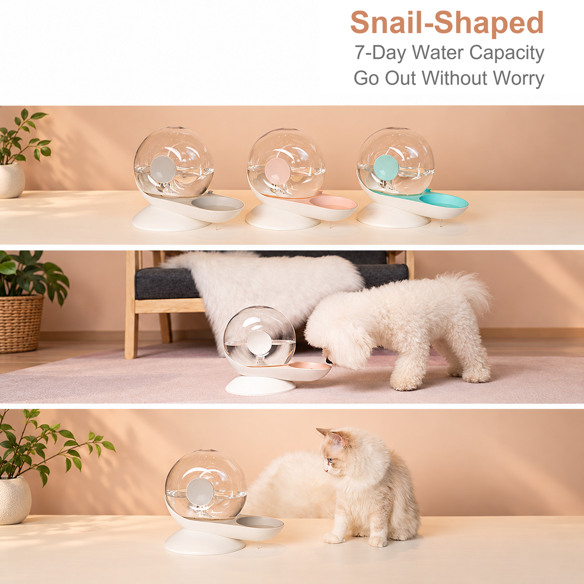 Snail-shaped automatic pet water fountain with cat and dog use scenes