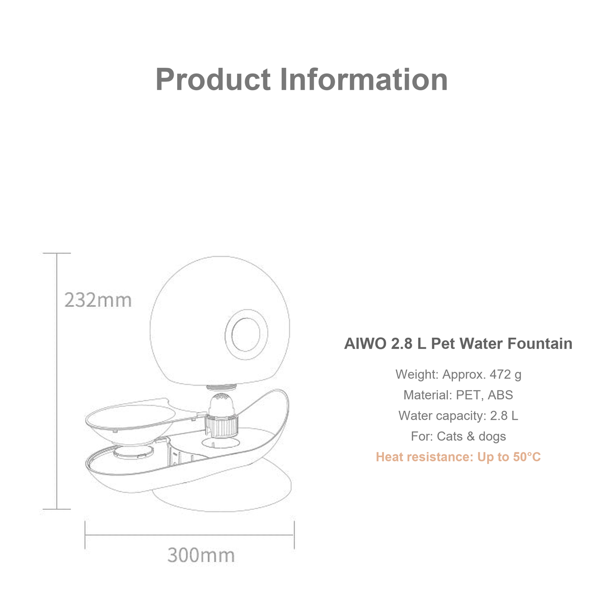 AIWO 2.8 L pet water fountain product information with dimensions and specifications