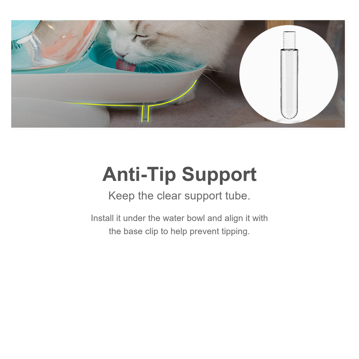 Anti-tip support tube for an automatic pet water fountain