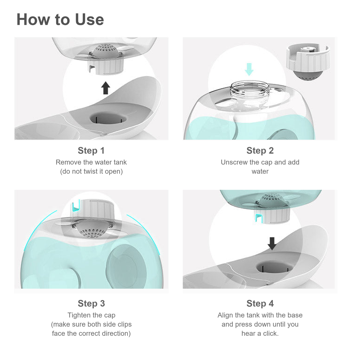 How to use an automatic pet water fountain: remove tank, add water, tighten cap, and align tank