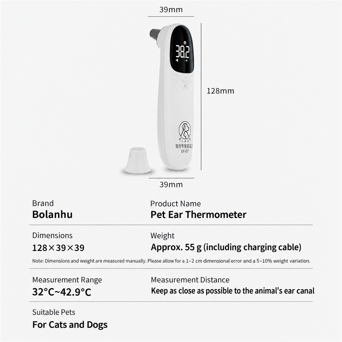 Pet ear thermometer dimensions and product specifications