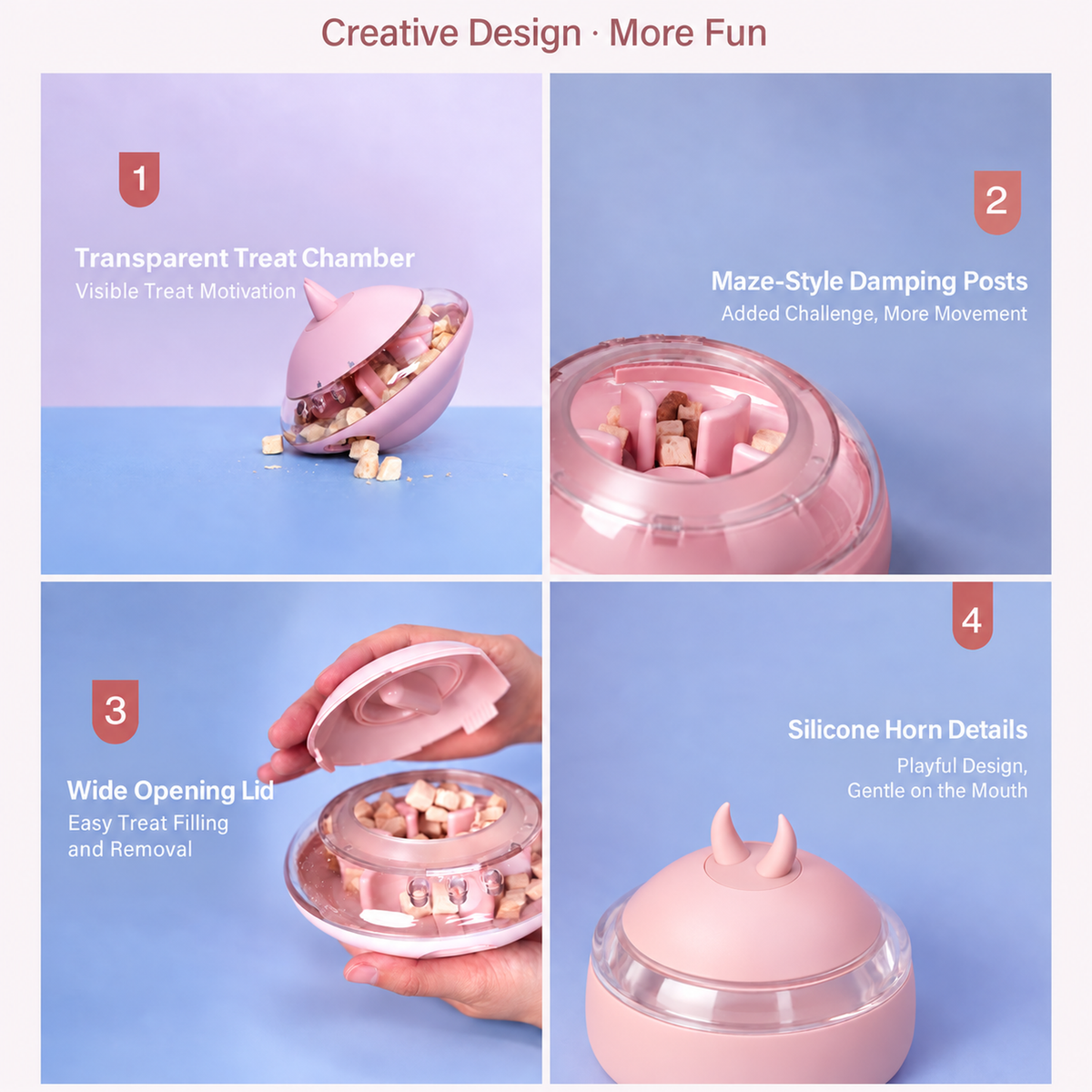 AIWO UFO wobble treat dispensing puzzle toy English translation four feature modules in a 2x2 layout