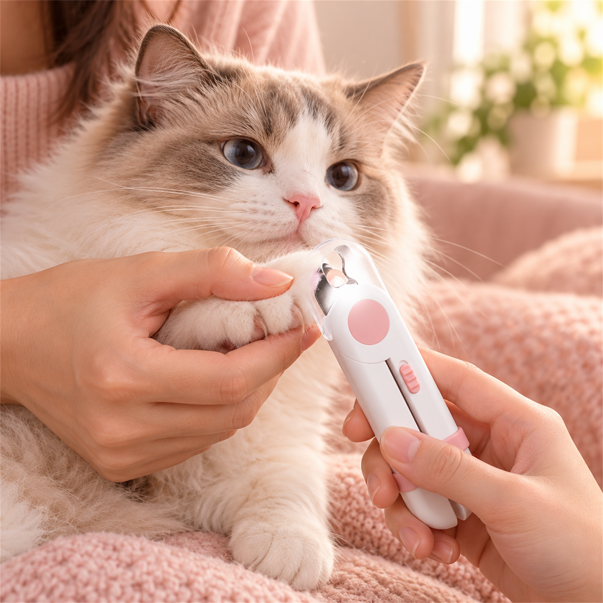 Pakeway LED pet nail clipper used to trim a cat paw at home