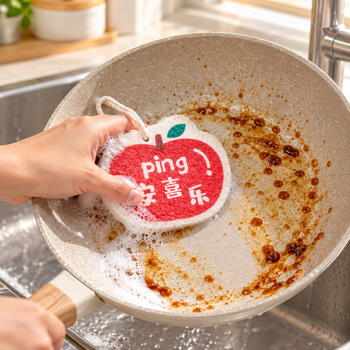 Hand using an apple-shaped cellulose pulp dish scrubber to clean a greasy frying pan at a kitchen sink