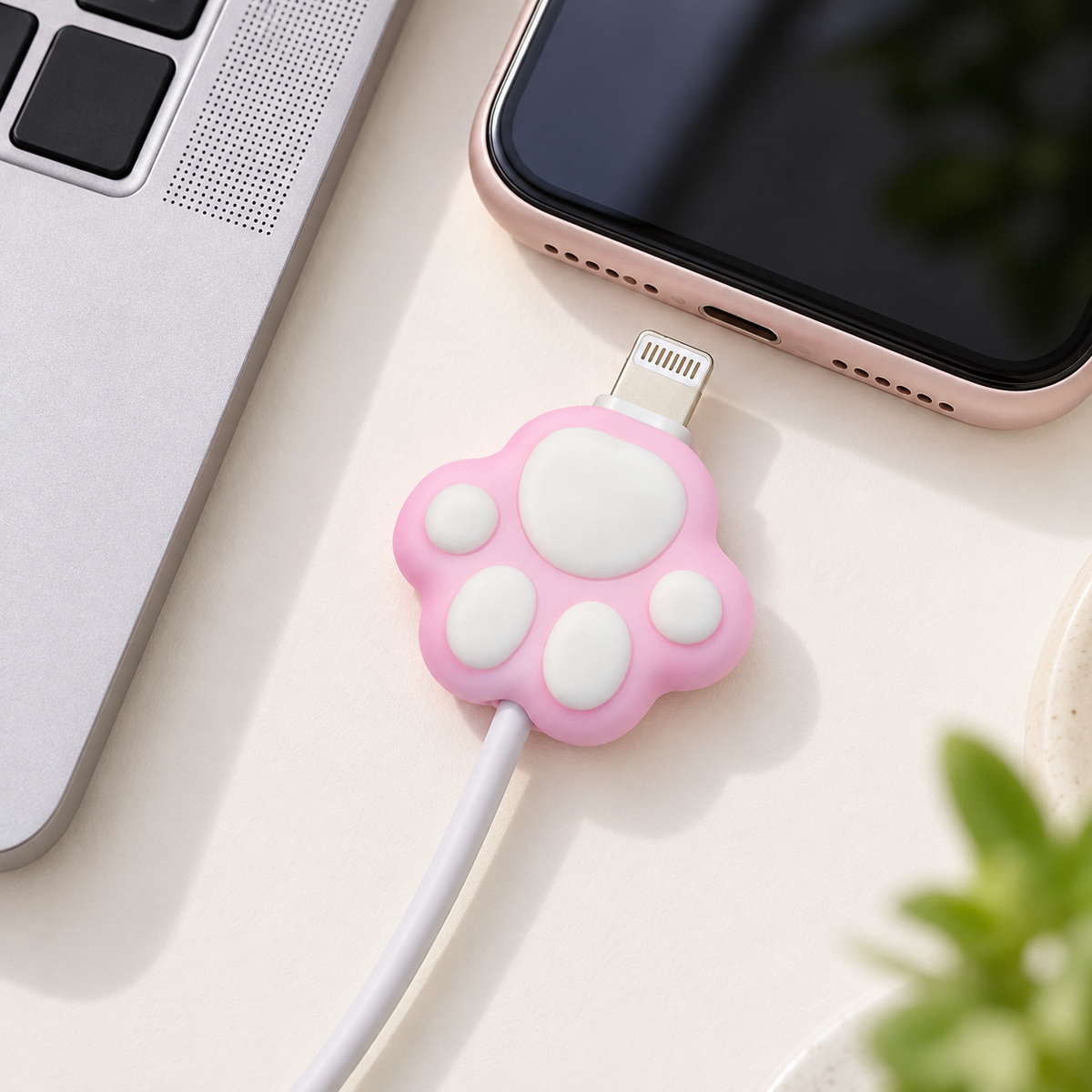 Pink cat paw silicone cable protector attached to a charging cable