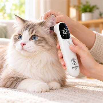Cat using an infrared pet ear thermometer during a calm home temperature check
