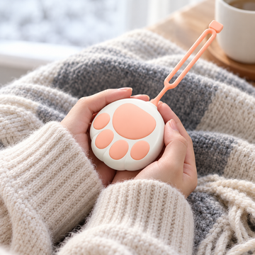 Cat paw hand warmer held in both hands on a cool day