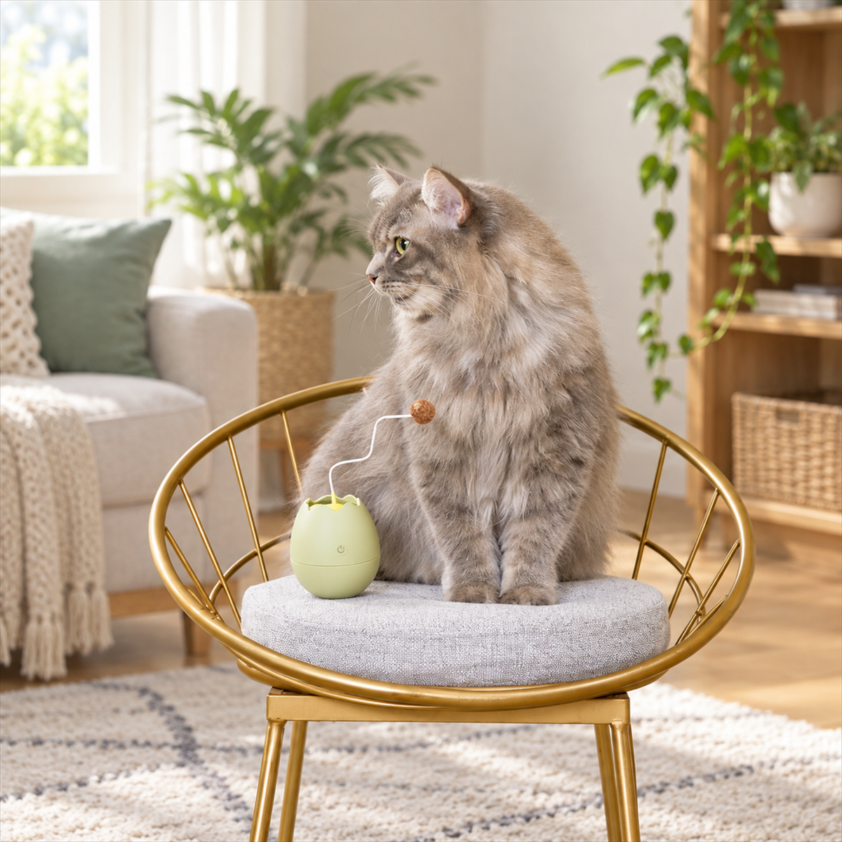 Egg-Shell Automatic Cat Toy used by a cat in a real home setting