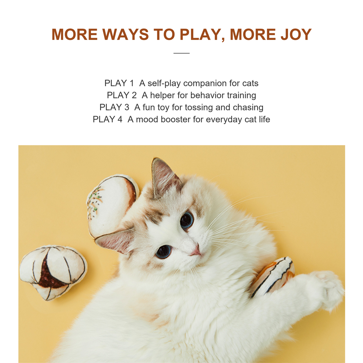 Cat enjoying multiple ways to play with Vetreska dim sum toys