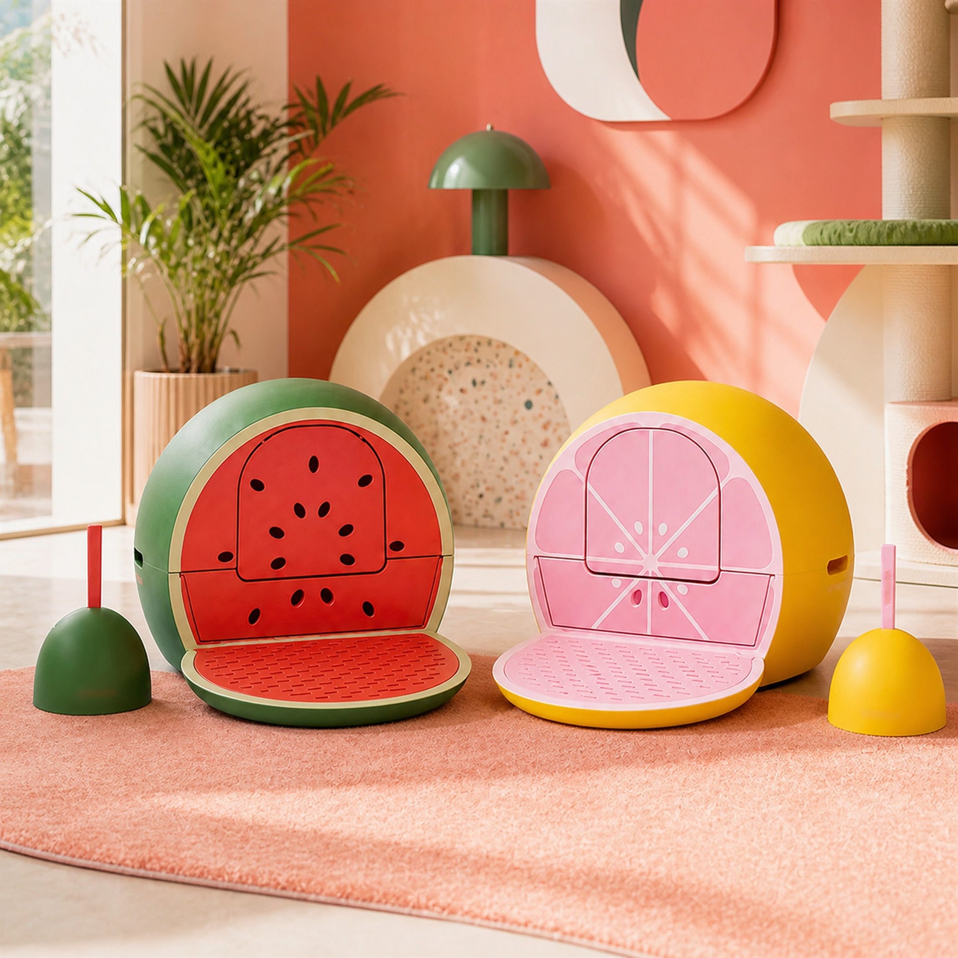 Vetreska Fruity Kitty Kove litter boxes in Watermelon and Grapefruit styles in a playful bright designer cat corner