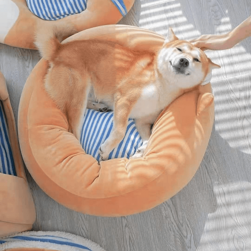 Fukufuku Navy Shiba Round Pet Bed product and pet lifestyle image