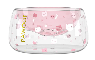 Pawoof double-layer glass cat bowl used in a feeding scene