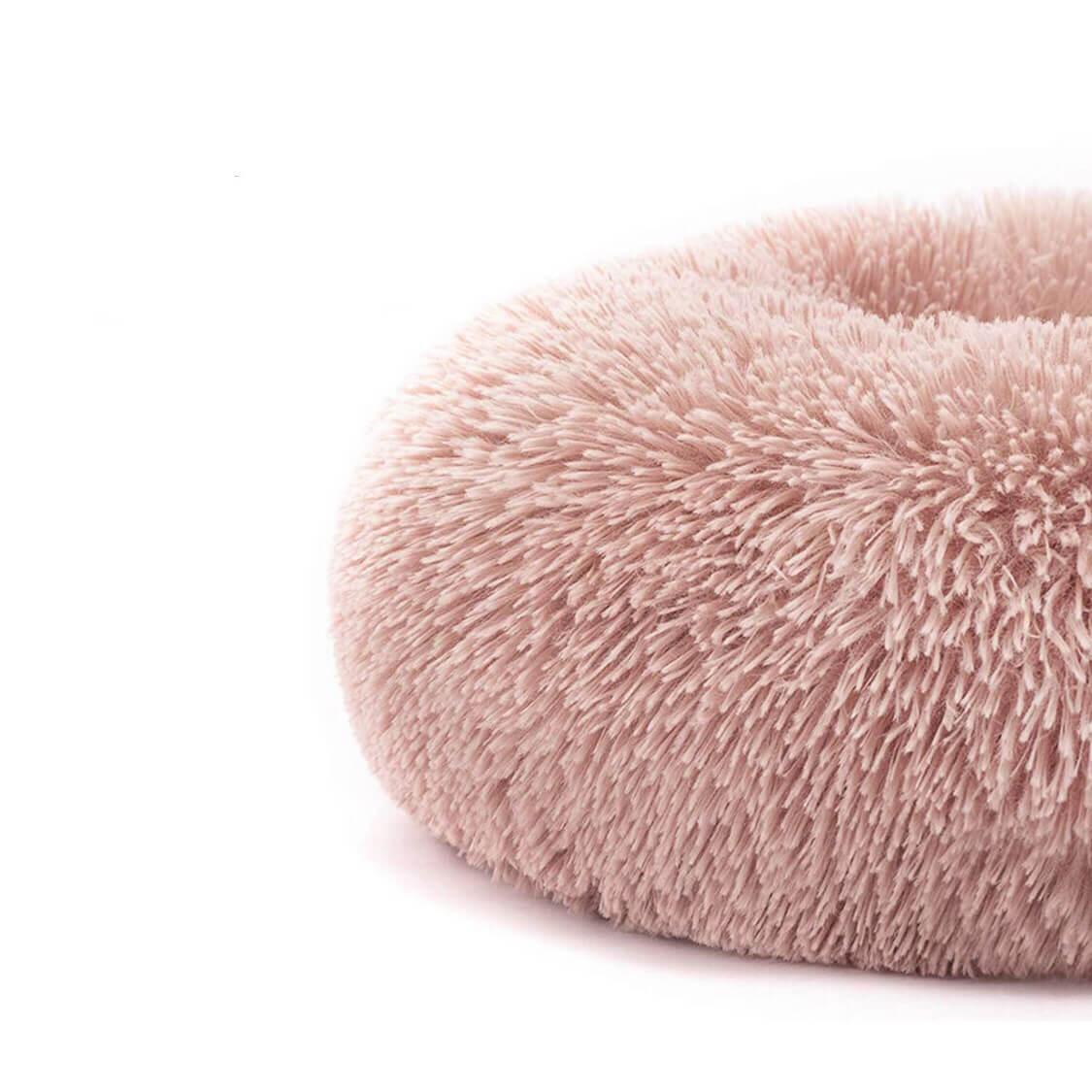 JAMBOREE pink long-haired donut pet bed side profile and plush fur texture