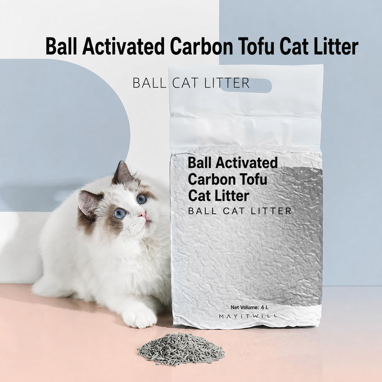 MAYITWILL ball activated carbon tofu cat litter shown with a cat